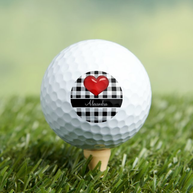 Monogram Buffalo Plaid Black and white red heart Golf Balls (Insitu Tee)