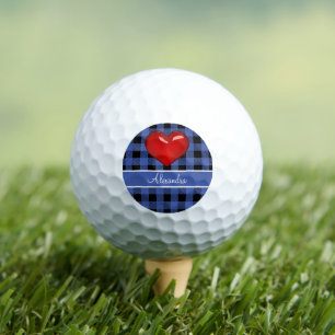Monogram Buffalo Plaid Black Blue red heart  Golf Balls