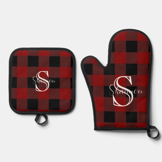 Monogram buffalo plaid oven mitt & pot holder set (Front)