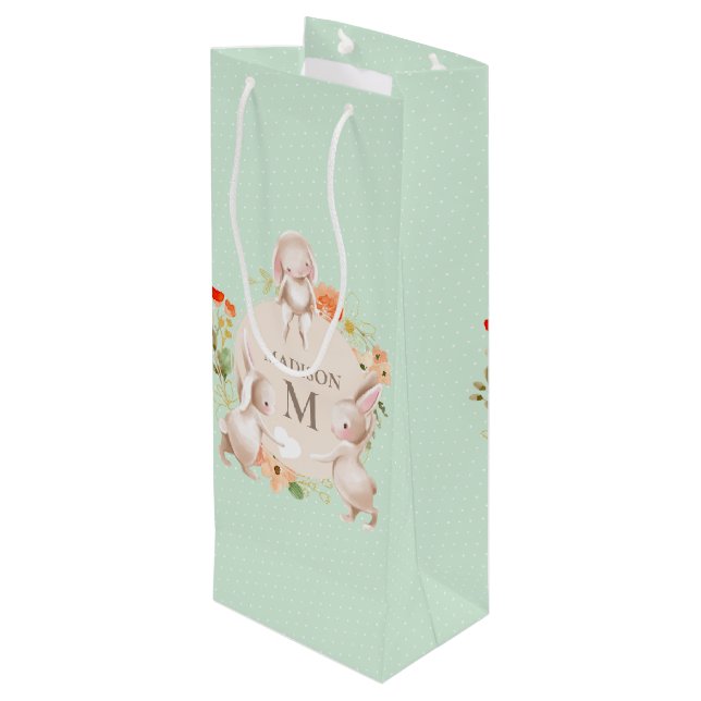 Monogram Bunny Rabbits Floral Baby Personalised Wine Gift Bag (Back Angled)