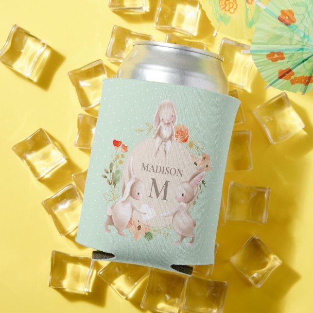 Monogram Bunny Rabbits Floral Easter Personalised Can Cooler (In Situ Summer)
