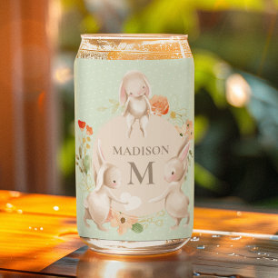 Monogram Bunny Rabbits Floral Easter Personalised Can Glass