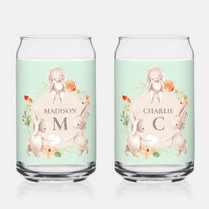 Monogram Bunny Rabbits Floral Easter Personalised Can Glass