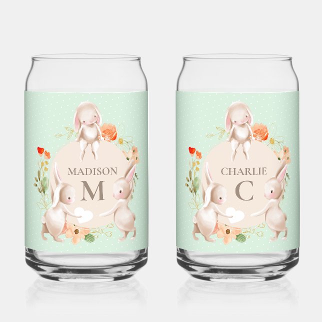 Monogram Bunny Rabbits Floral Easter Personalised Can Glass (Front)