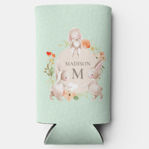 Monogram Bunny Rabbits Floral Easter Personalised Seltzer Can Cooler