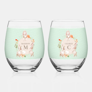 Monogram Bunny Rabbits Floral Easter Personalised Stemless Wine Glass