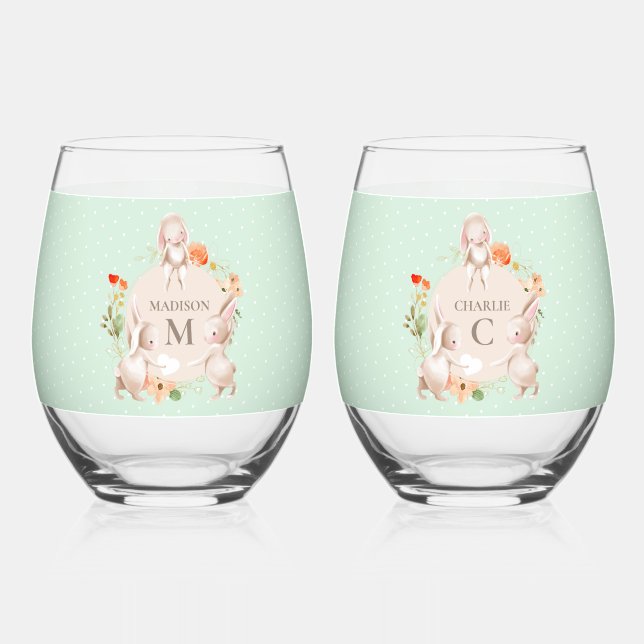 Monogram Bunny Rabbits Floral Easter Personalised Stemless Wine Glass (Front)