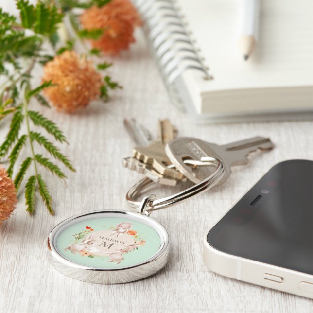 Monogram Bunny Rabbits Floral Girly Personalised Key Ring (Side)
