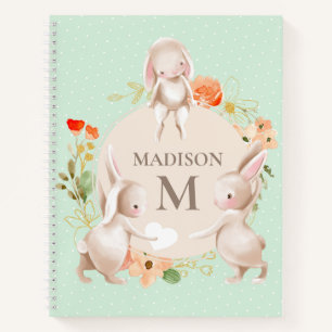Monogram Bunny Rabbits Floral Girly Personalised Notebook