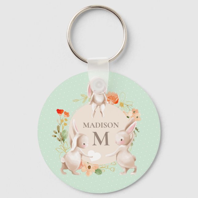 Monogram Bunny Rabbits Floral Girly Personalized Key Ring (Front)