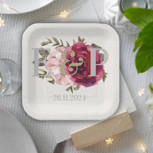 Monogram Burgundy Blush Floral Wedding Party  Paper Plate