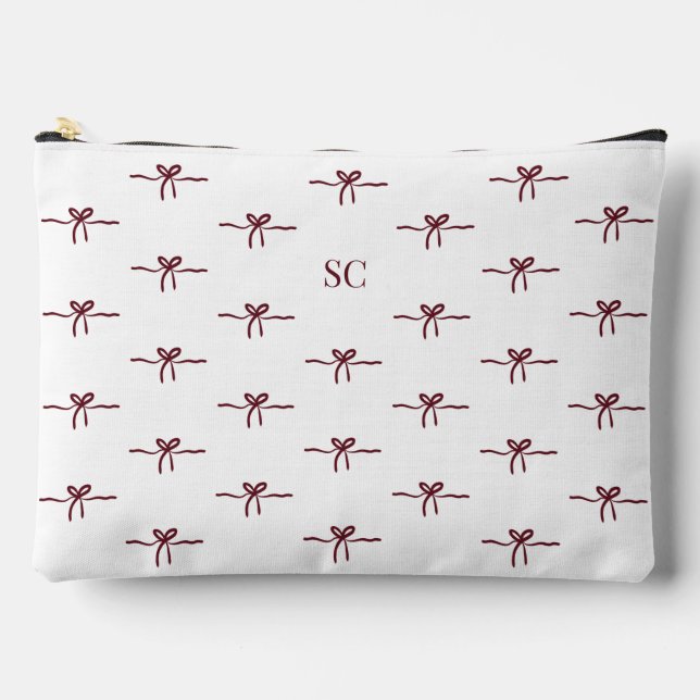 Monogram Burgundy Bow White Modern Travel Large Accessory Pouch (Front)