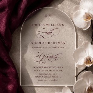 Monogram Burgundy Calligraphy Wedding Acrylic Invitations