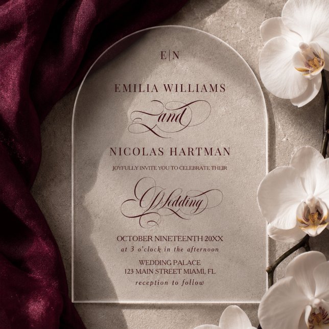 Monogram Burgundy Calligraphy Wedding Acrylic Invitations (Creator Uploaded)