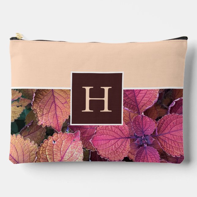 Monogram Burgundy Cream Leaves Accessory Pouch (Front)