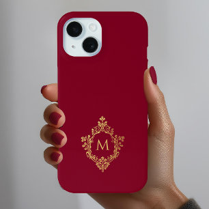 Monogram Burgundy Elegant Vintage Faux Gold Crest  iPhone 15 Case