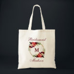 Monogram Burgundy Floral Gold Circle Bridesmaid Tote Bag<br><div class="desc">Watercolor Burgundy Marsala Floral Gold Circle Monogram Bridesmaid Tote Bag</div>
