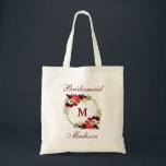 Monogram Burgundy Floral Gold Circle Bridesmaid Tote Bag<br><div class="desc">Watercolor Burgundy Marsala Floral Gold Circle Monogram Bridesmaid Tote Bag</div>