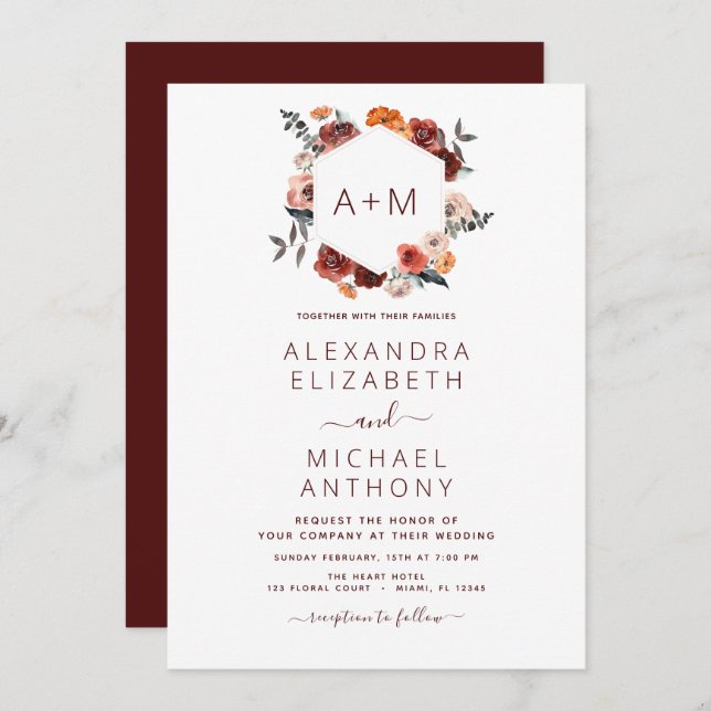 Monogram Burgundy Floral Greenery Wedding Invitation (Front/Back)
