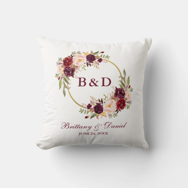 Monogram Burgundy Floral Wreath Wedding Cushion (Front)