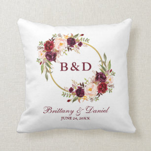 Monogram Burgundy Floral Wreath Wedding Cushion