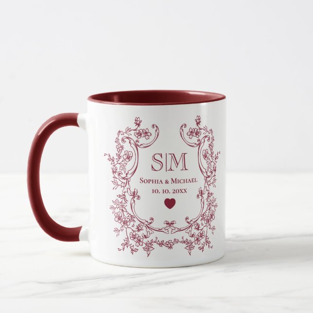 Monogram Burgundy Floral Wreath Wedding Mug (Left)