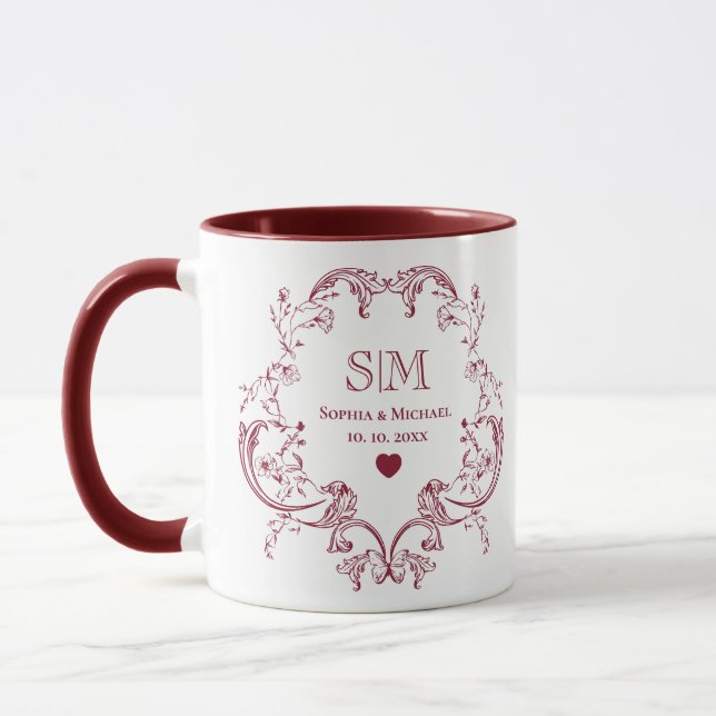 Monogram Burgundy Floral Wreath Wedding Mug (Left)
