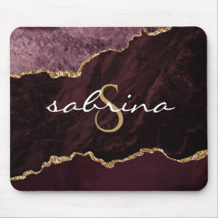Monogram Burgundy Gold Agate Geode Mouse Pad