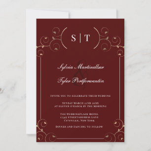Monogram Burgundy Gold Leaves Wedding Invitation
