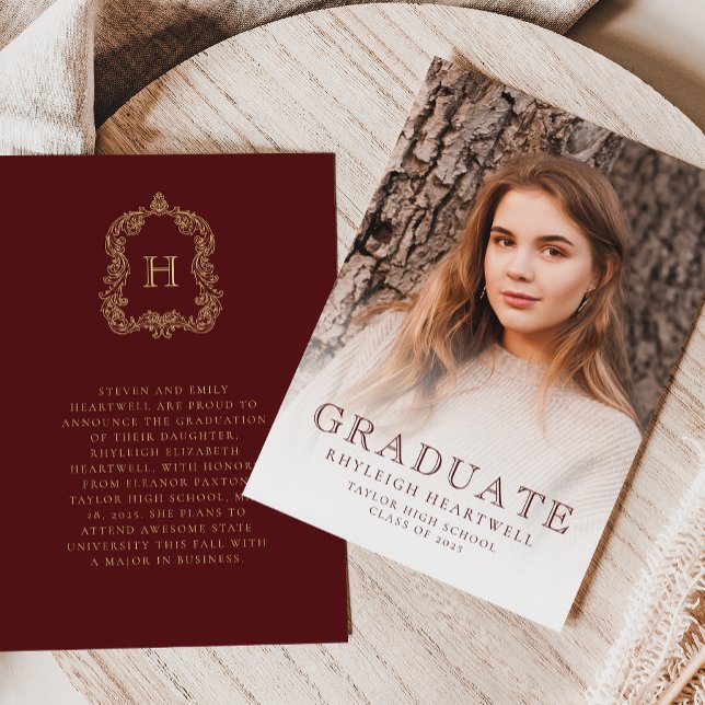 Monogram Burgundy Gold Photo Grad Announcement (Creator Uploaded)