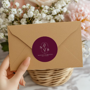 Monogram Burgundy Minimalist Modern Wedding Classic Round Sticker
