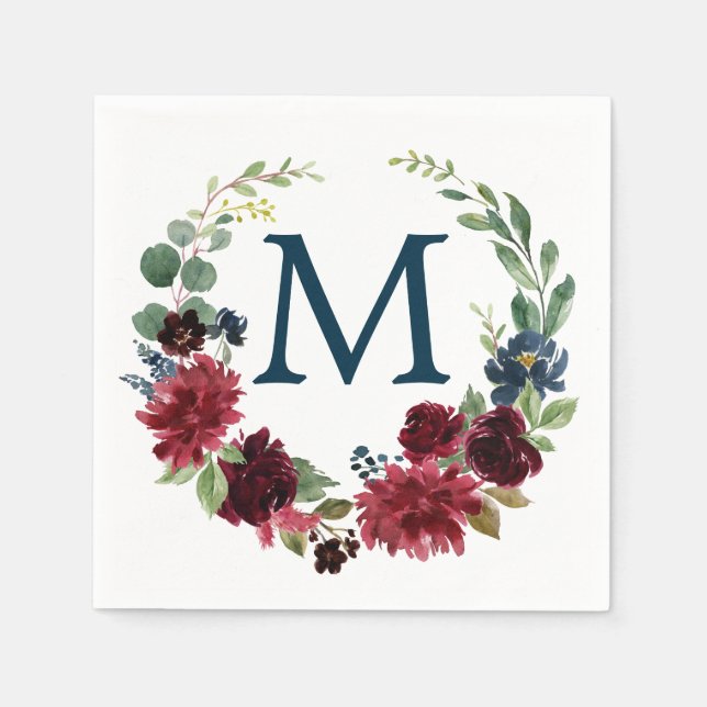 Monogram Burgundy Navy Wedding Cocktail Napkin (Front)