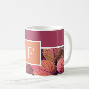 Monogram burgundy peach warm tone leaves coffee mug