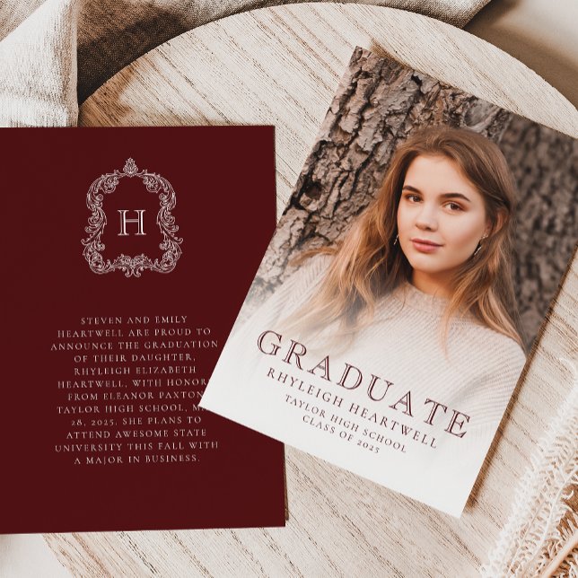 Monogram Burgundy Photo Graduation Announcement (Creator Uploaded)