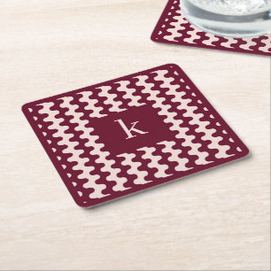 Monogram Burgundy Pink Bold Wavy Pattern Square Paper Coaster
