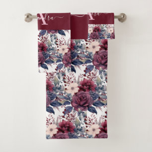 Monogram Burgundy & Pink Floral Elegant Towel Set