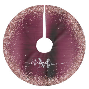 Monogram Burgundy Rose Gold Faux-Glitter Girly  Brushed Polyester Tree Skirt