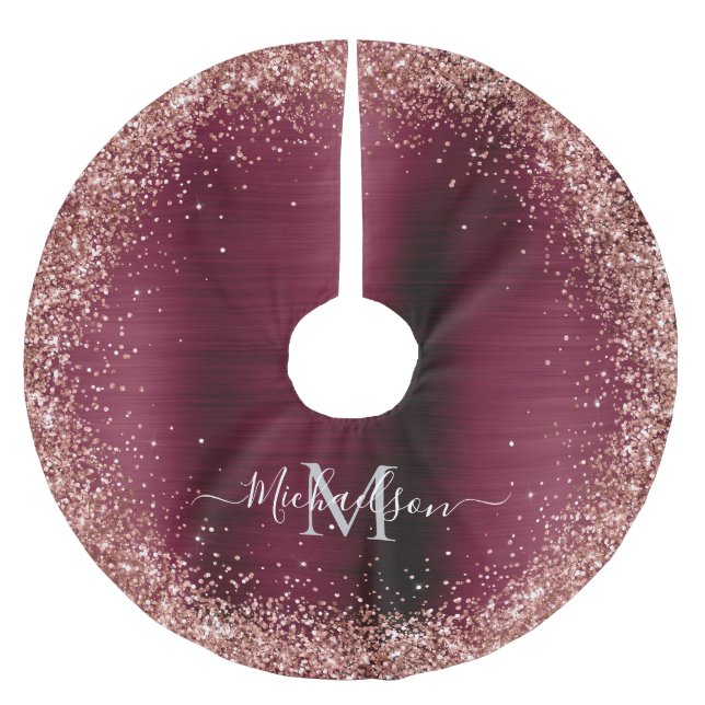 Monogram Burgundy Rose Gold Faux-Glitter Girly  Brushed Polyester Tree Skirt (Front)