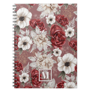 Monogram Burgundy Rose Pink Floral Pattern Notebook