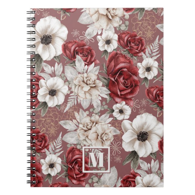 Monogram Burgundy Rose Pink Floral Pattern Notebook (Front)