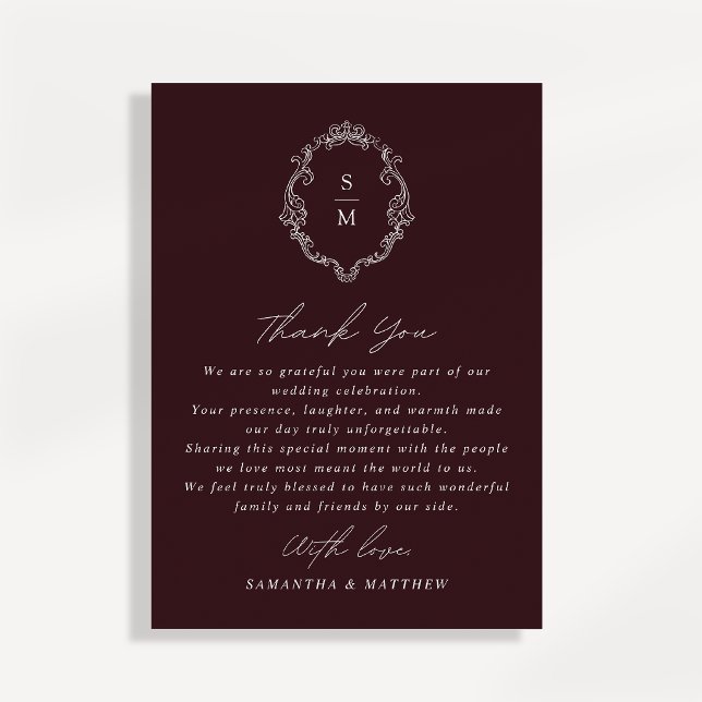 Monogram Burgundy Script Wedding Thank You Card (Creator Uploaded)