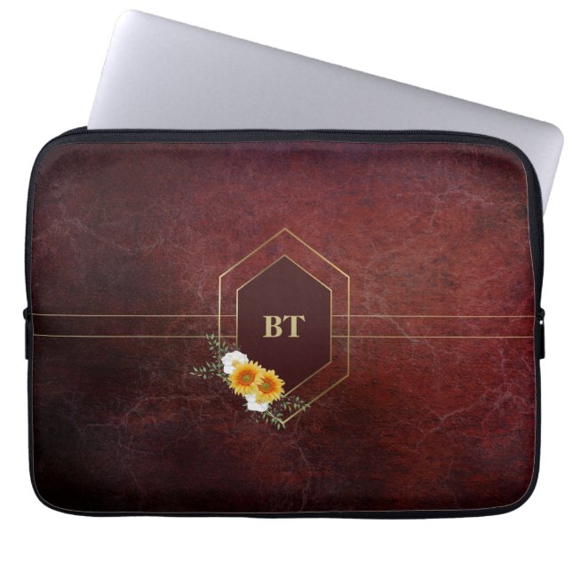 Monogram Burgundy Stone Gold Geometric Floral Laptop Sleeve (Front)