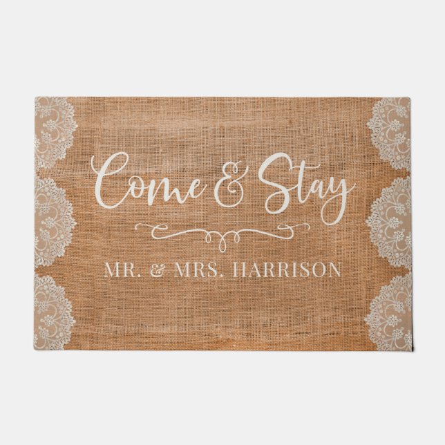 Monogram Burlap Lace Rustic Farmhouse Door Mat (Front)