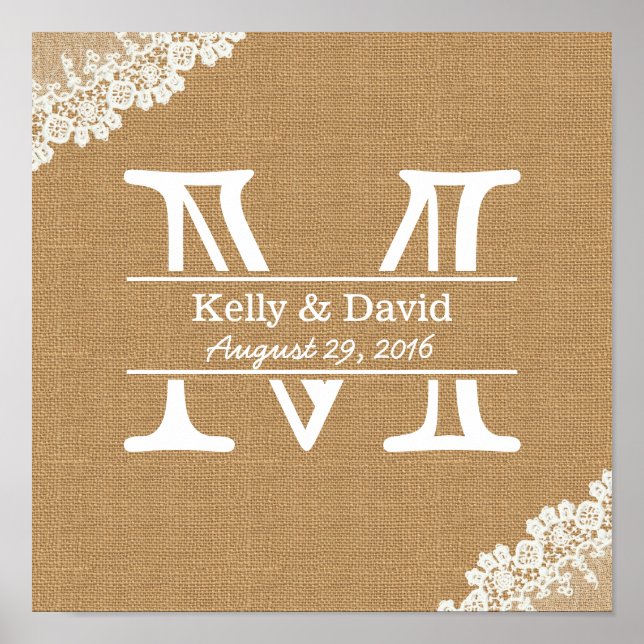 Monogram Burlap & Lace Rustic Wedding Poster (Front)