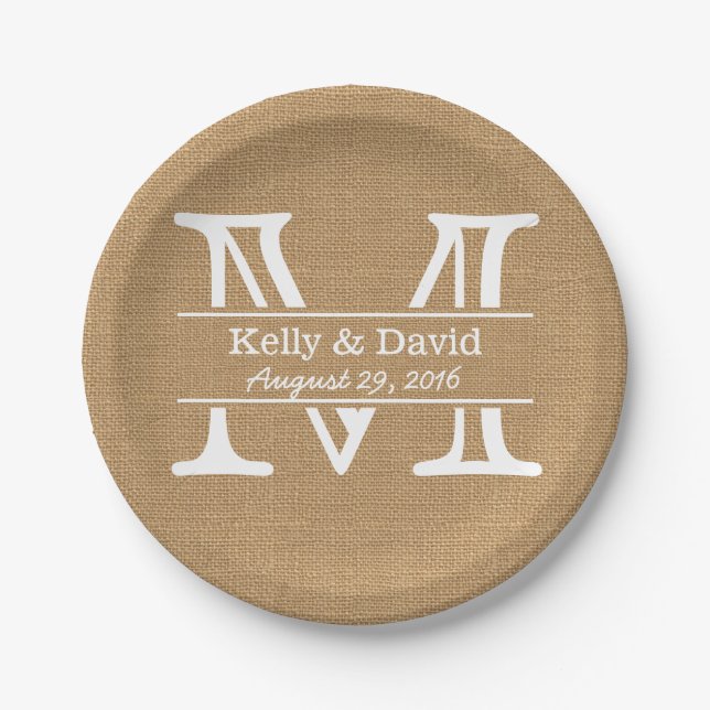 Monogram Burlap Texture Rustic Wedding Paper Plate (Front)