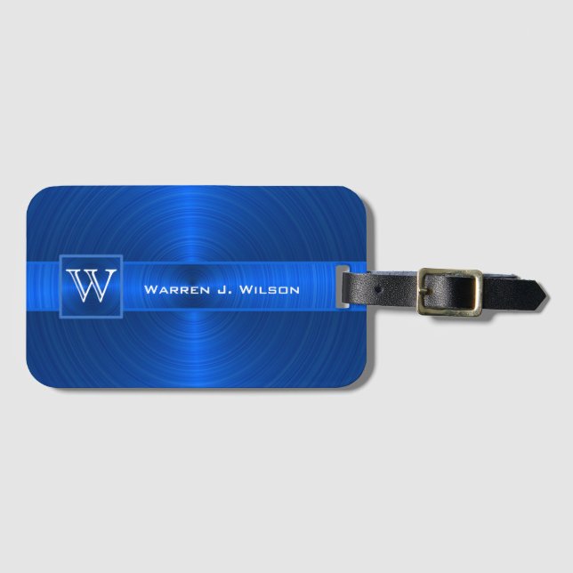 Monogram Business Executive Style - Blue White Luggage Tag (Front Horizontal)