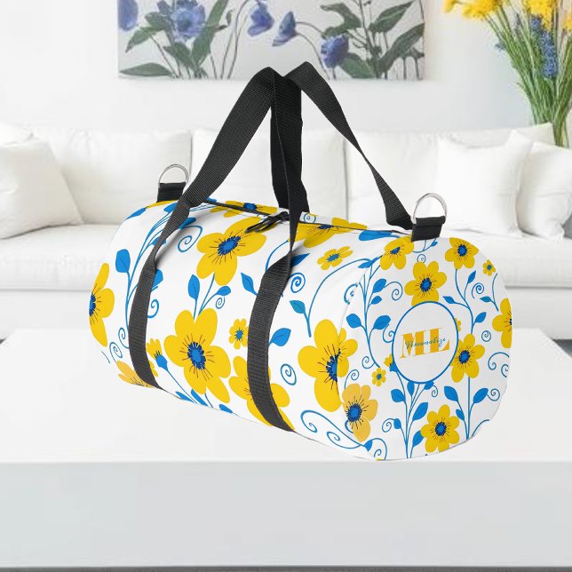 Monogram Butter Yellow and Blue Floral Duffle Bag (Monogram Butter Yellow and Blue Floral Duffle Bag in white)
