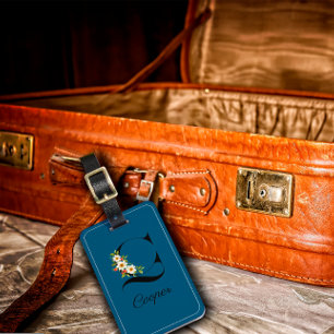 Monogram C cobalt watercolor flower Luggage Tag