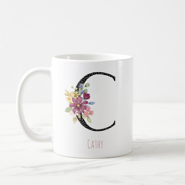 Monogram C Floral Name Polka Dot Coffee Mug (Left)