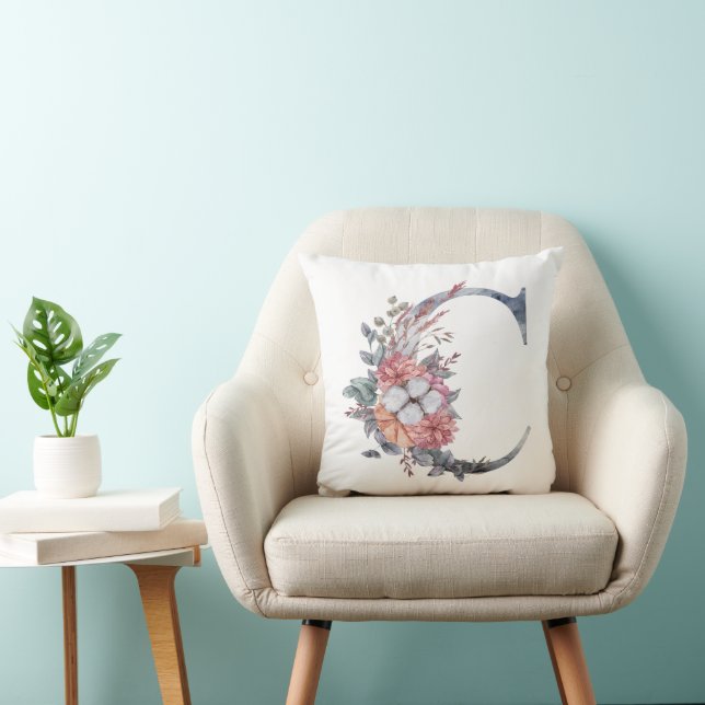 Monogram C Floral Watercolor Blue Peach Pink Cushion (Chair)